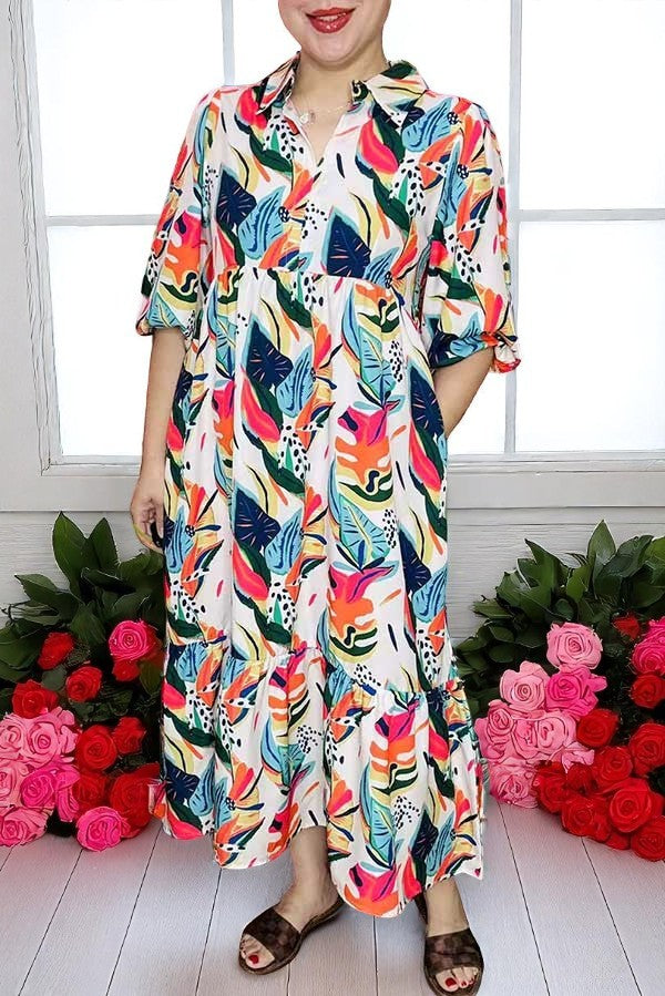 Wholesale Multi color leaves printed puff sleeves women's maxi dress XCH16247(BS8)