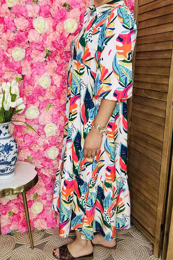 Wholesale Multi color leaves printed puff sleeves women's maxi dress XCH16247(BS8)