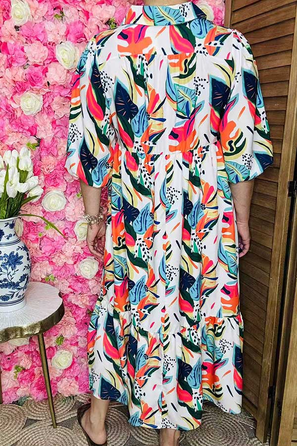 Wholesale Multi color leaves printed puff sleeves women's maxi dress XCH16247(BS8)