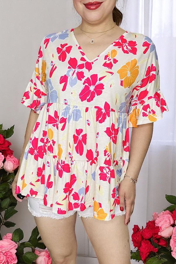 Shop Floral prints & bell short sleeve women's blouse BQ15952 FS8