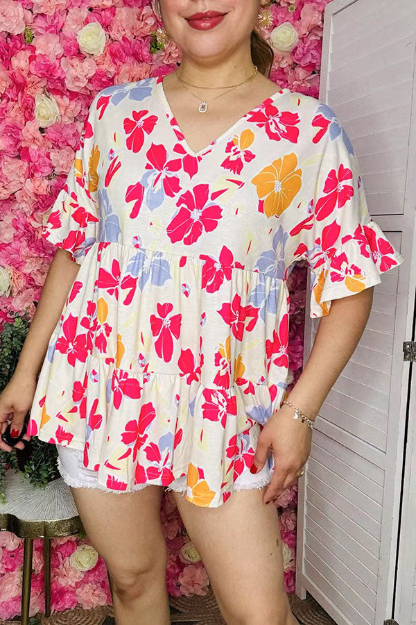 Shop Floral prints & bell short sleeve women's blouse BQ15952 FS8