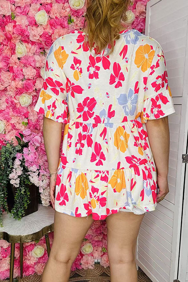 Shop Floral prints & bell short sleeve women's blouse BQ15952 FS8