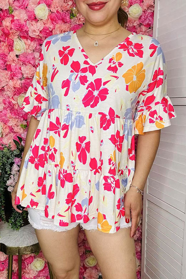 Shop Floral prints & bell short sleeve women's blouse BQ15952 FS8