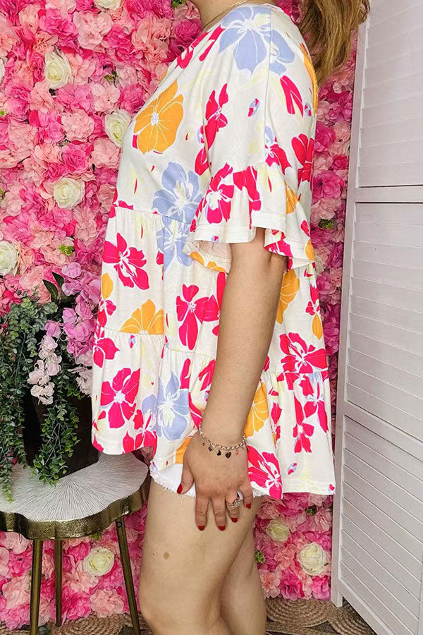 Shop Floral prints & bell short sleeve women's blouse BQ15952 FS8