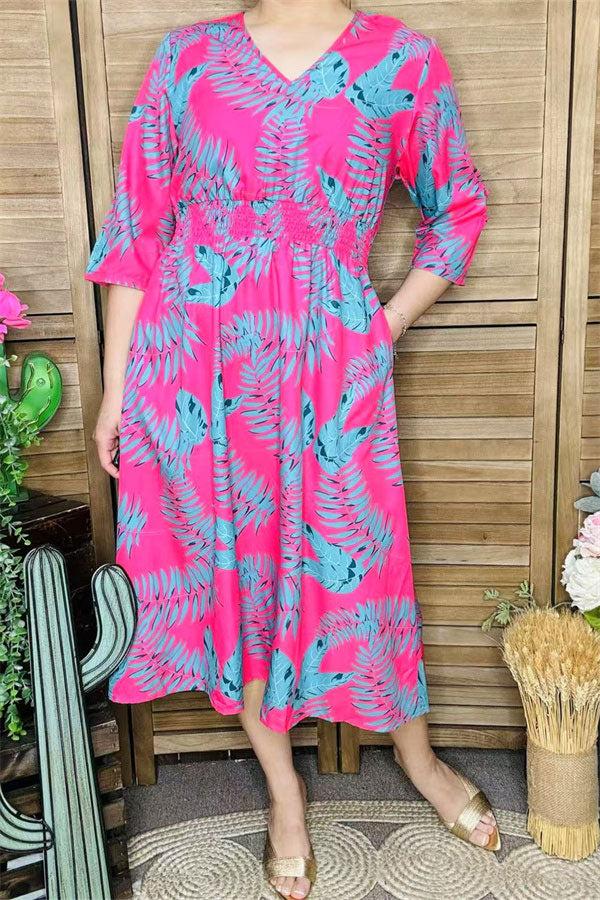 Shop Women dress w/Fuchsia midi dress & 3/4 sleeve and pockets GJQ15990 (AS3)