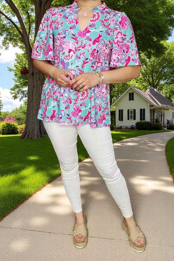 Shop Pink & turquoise floral prints bell sleeve women blouse GJQ16038