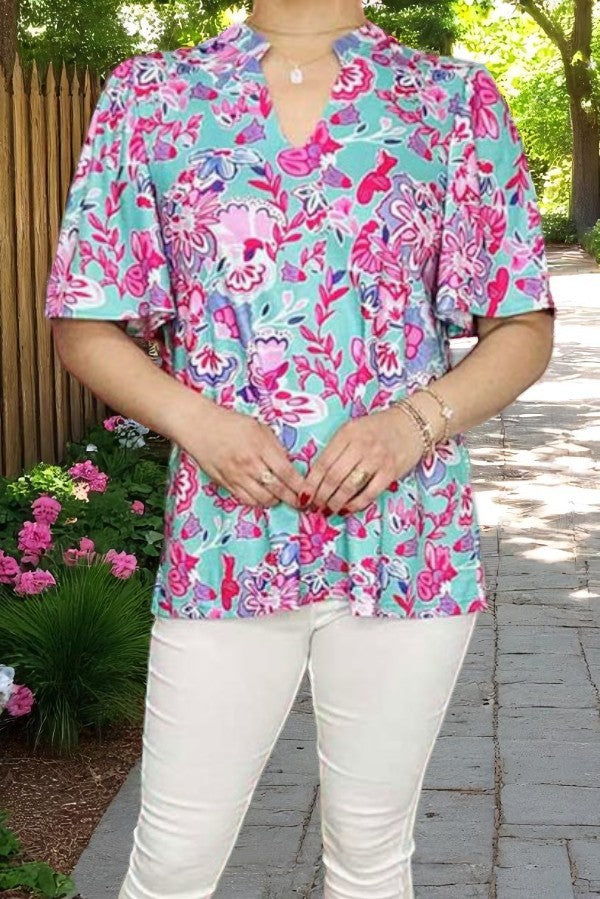 Shop Pink & turquoise floral prints bell sleeve women blouse GJQ16038