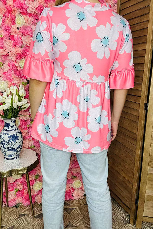 Baby doll women blouse vendors Pink floral printed ruffle loose top GJQ16137.(DS1)