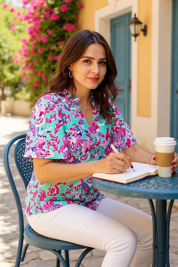 Shop Pink & turquoise floral prints bell sleeve women blouse GJQ16038