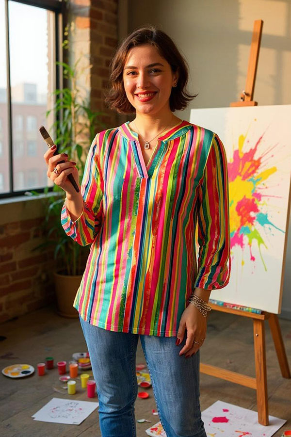 Buy Multi color serape printed long sleeve women's blouse w/v-neckline BQ16177 CS11F