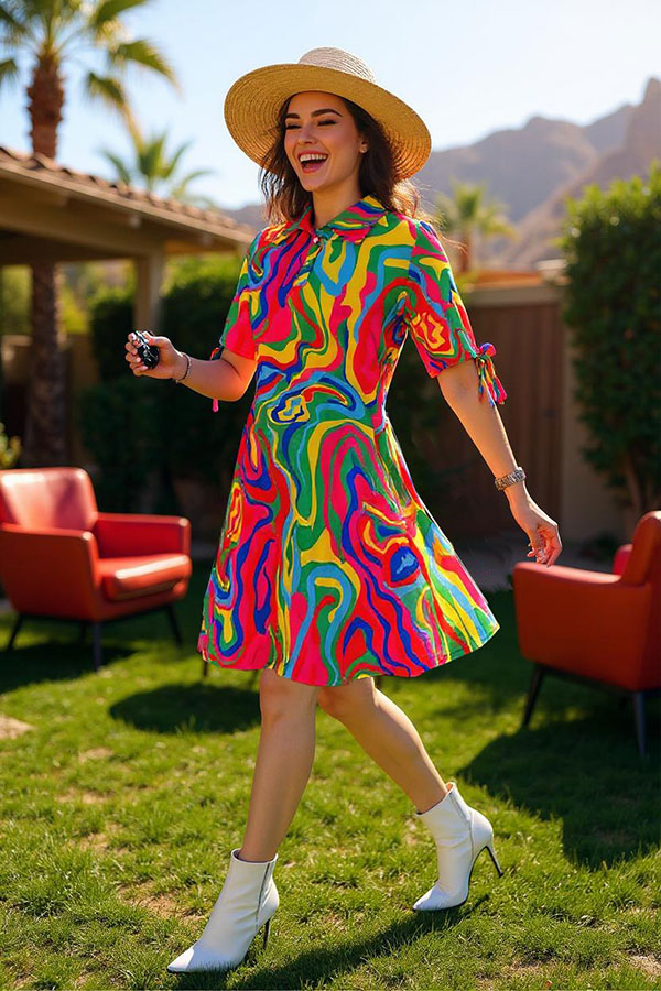 Shop Women's dress Multi color pattern printed w/short sleeves & bow YMY15971 (CS6)