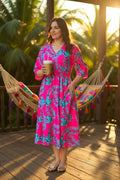 Shop Women dress w/Fuchsia midi dress & 3/4 sleeve and pockets GJQ15990 (AS3)