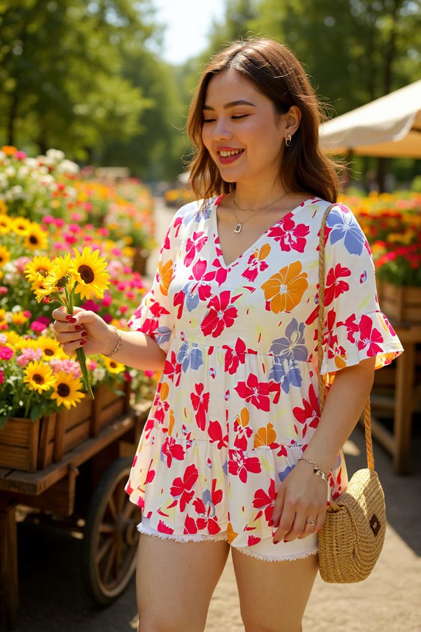 Shop Floral prints & bell short sleeve women's blouse BQ15952 FS8